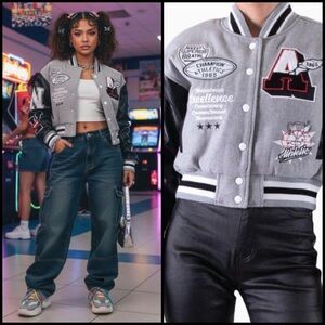 Red Fox Wool Blend Crop Varsity Patchwork Graphic Retro Y2K Gray Black Jacket XL